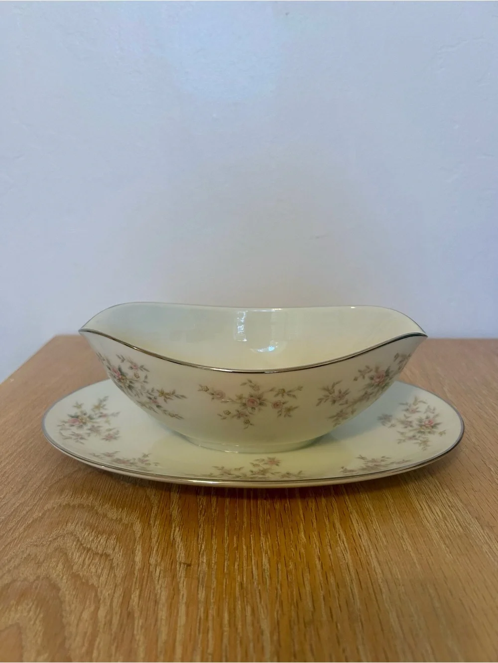 Vintage Noritake Cream Gravy Boat with Saucer and Pink Floral Sprays